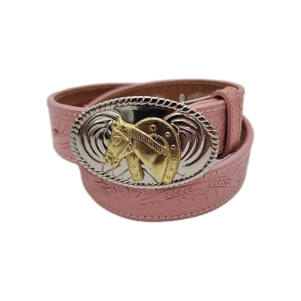 Nocona Belt Co Girls Pink Floral Tooled Leather Belt W/Horsehead Buckle 28"